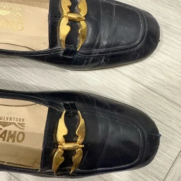 Vintage Salvatore Ferragamo Navy Leather Gancini Loafers 9.5 AA - Picture 9 of 10